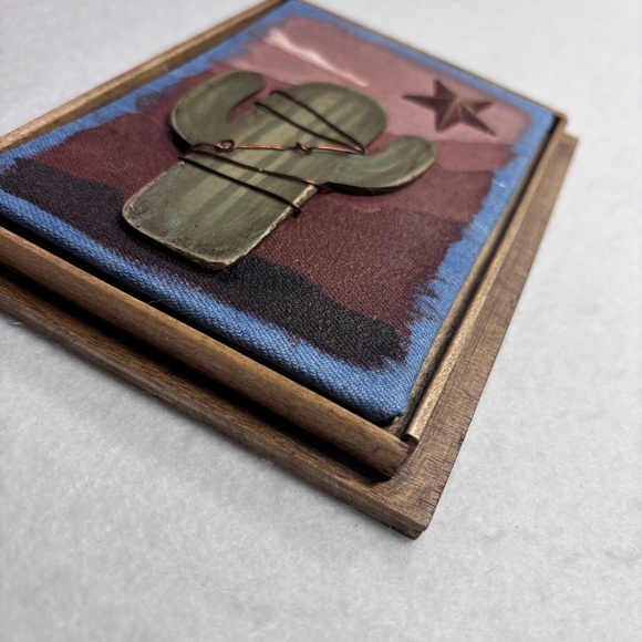 Mixed Media Art Saguaro Cactus Tan Mauve Sunset Star Desert Wood Southwest 6 x 8 - Picture 6 of 8